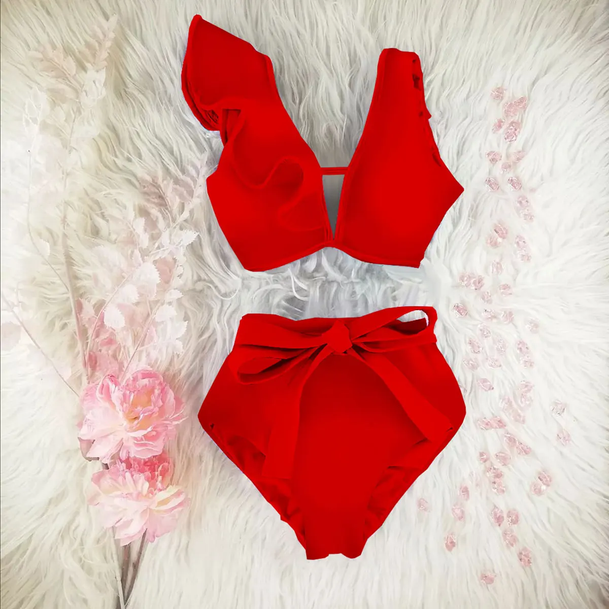 Women Swimsuit New Bikini Floral Ruffled Bikini Set Women V-neck High Waist Two Piece Swimsuit Girl Beach Bathing Suit Swimwear Biquinis