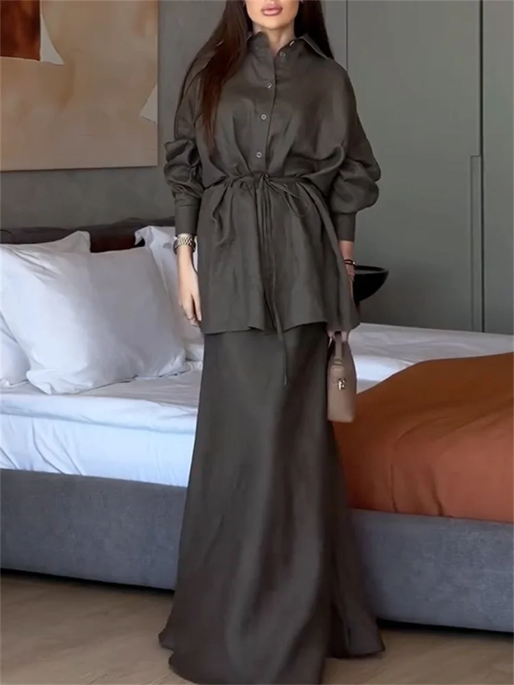 Wmstar Two Piece Sets Women Wholesale Dress Sets New Lapel Tie Loose Long Sleeved Shirt  High Waisted Casual Fall Matching Suit