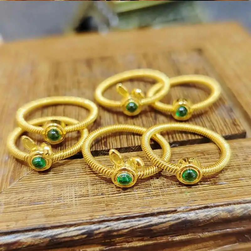 

New Arrival 24K Yellow Gold Ring Women Green zircon Bunny Ring