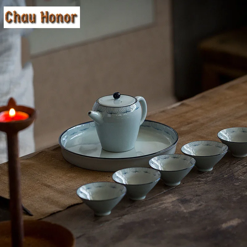 Retro Blue And White Tea Tray Hand Painted Lotus Art Ceramic Tea Pot Holder Dry Bubble Tray Teapot Holder Base Kung Fu Teaware