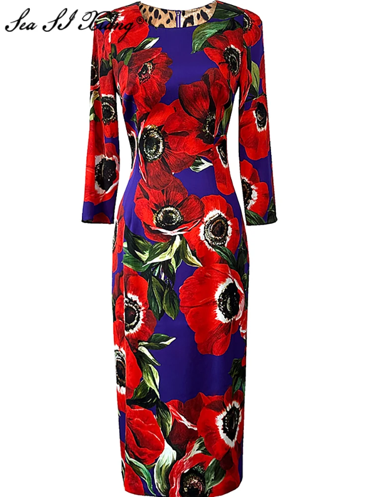 

Seasixiang Designer Spring 100% Silk Dress Women O-Neck Long Sleeve Floral Print Elegant Party Split Package Buttocks Dresses
