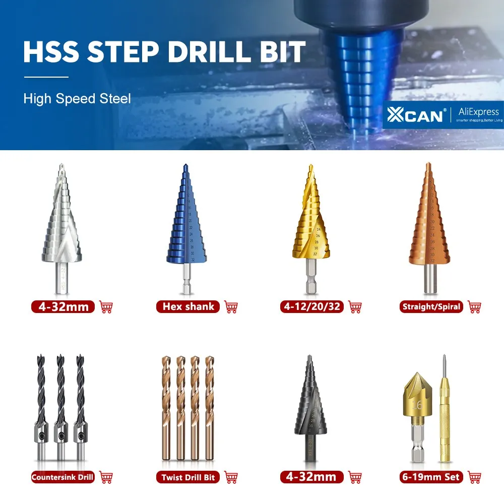 Xcan stufen bohrer 1pc 6-60mm spiral nut hss stahl lochs ch neider für holz metall bohr werkzeuge schritt kegel bohrer – Detail 1
