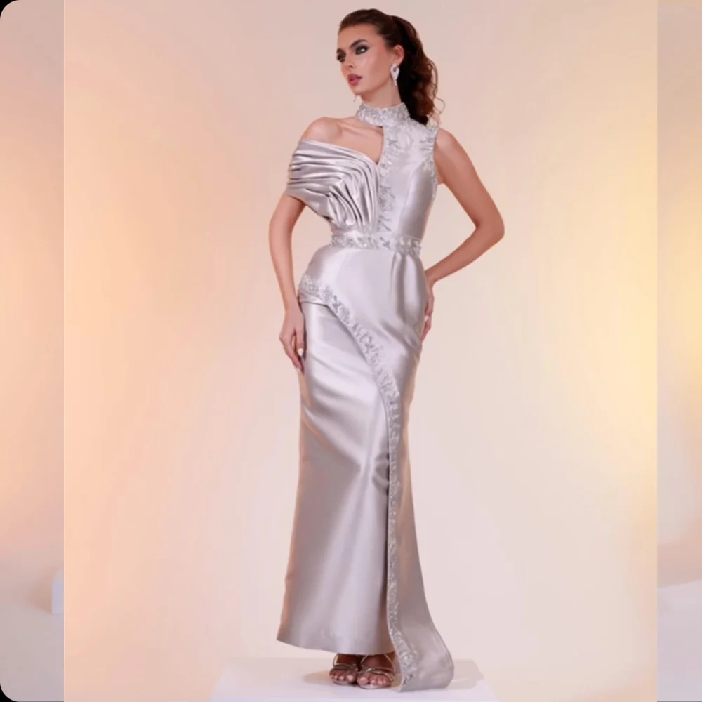 Jersey Sequined Beading Draped Clubbing A-line One-shoulder Bespoke Occasion Gown Long Sleeve Dresses