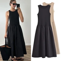 HXAO Black Dress Women Slim Simple O Neck Sleeveless Long Dress Holiday Dress Street Casual Dresses 2025 Women's Summer Dress