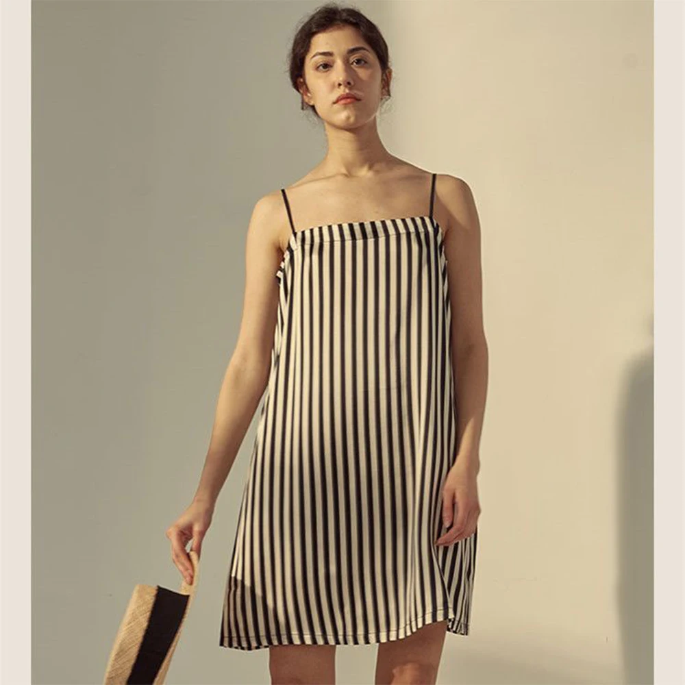 

New Arrival Women's Vertical Striped Halter Nightgown Dress Thin Summer Loungewear Can Be Worn Outside Fashion Sexy Beach Dress