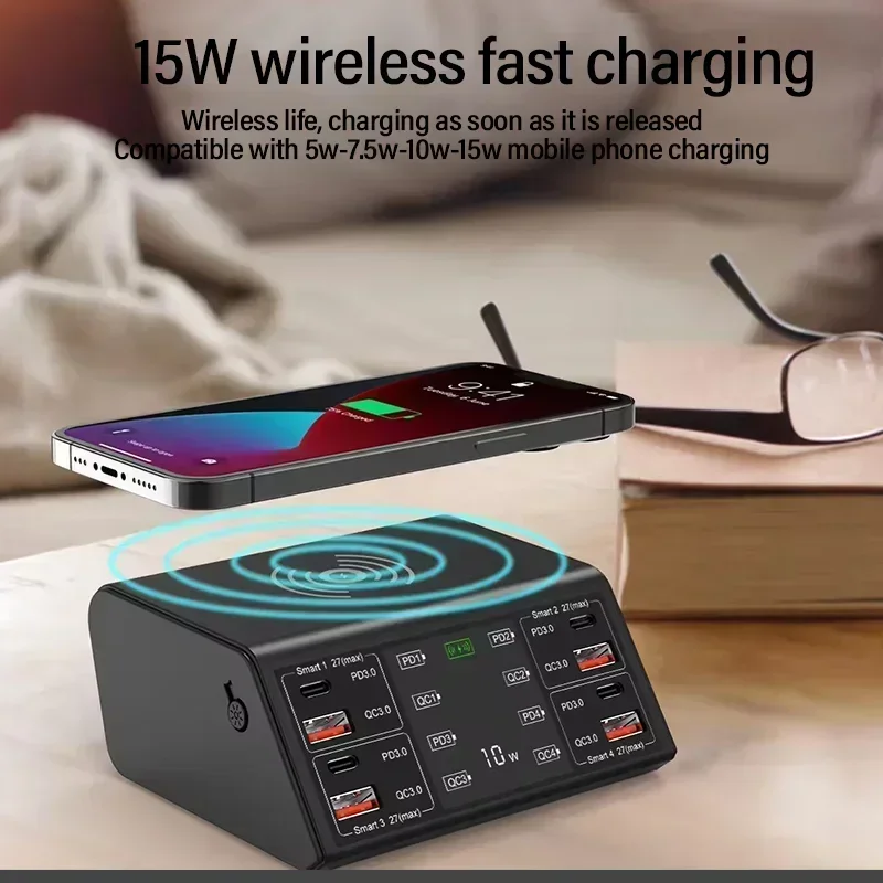 100W QC PD3.0 USB Charger Wireless Charger Quick Charge 8 Ports Multi Chargers Fast Charging Station For iPhone Samsung Xiaomi