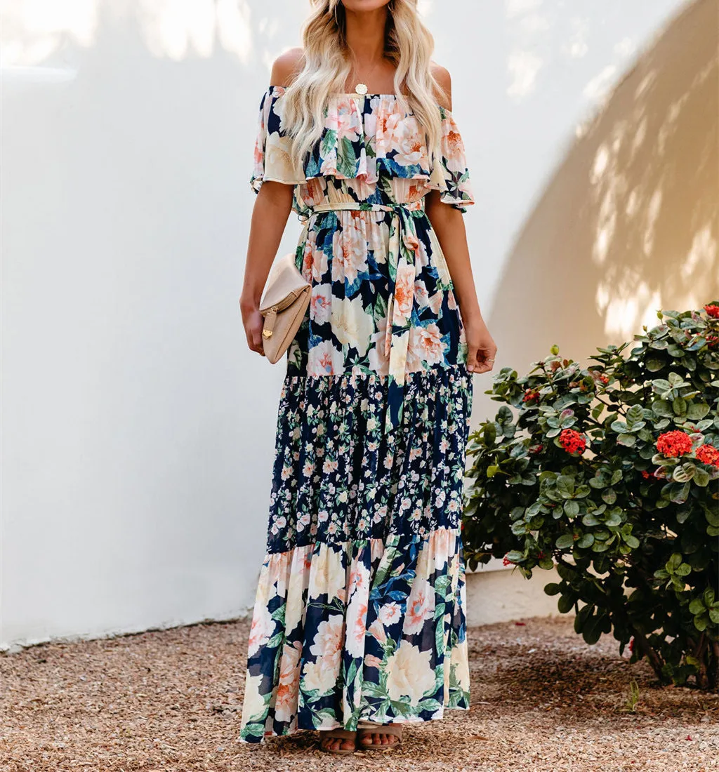 Flower Print Off Shoulder Long Dresses For Women Spring Summer New Fashion Temperament High Waist Leace-up Dress Female Vestidos 6 undefined