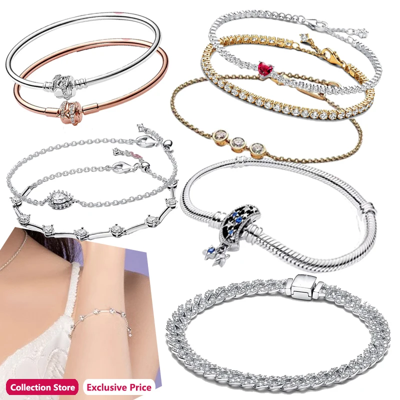 Authentic Christmas New Gift S925 Sterling Silver Dingchain Sparkling Heart Tennis Women's Bracelet Luxury Fashion Jewelry