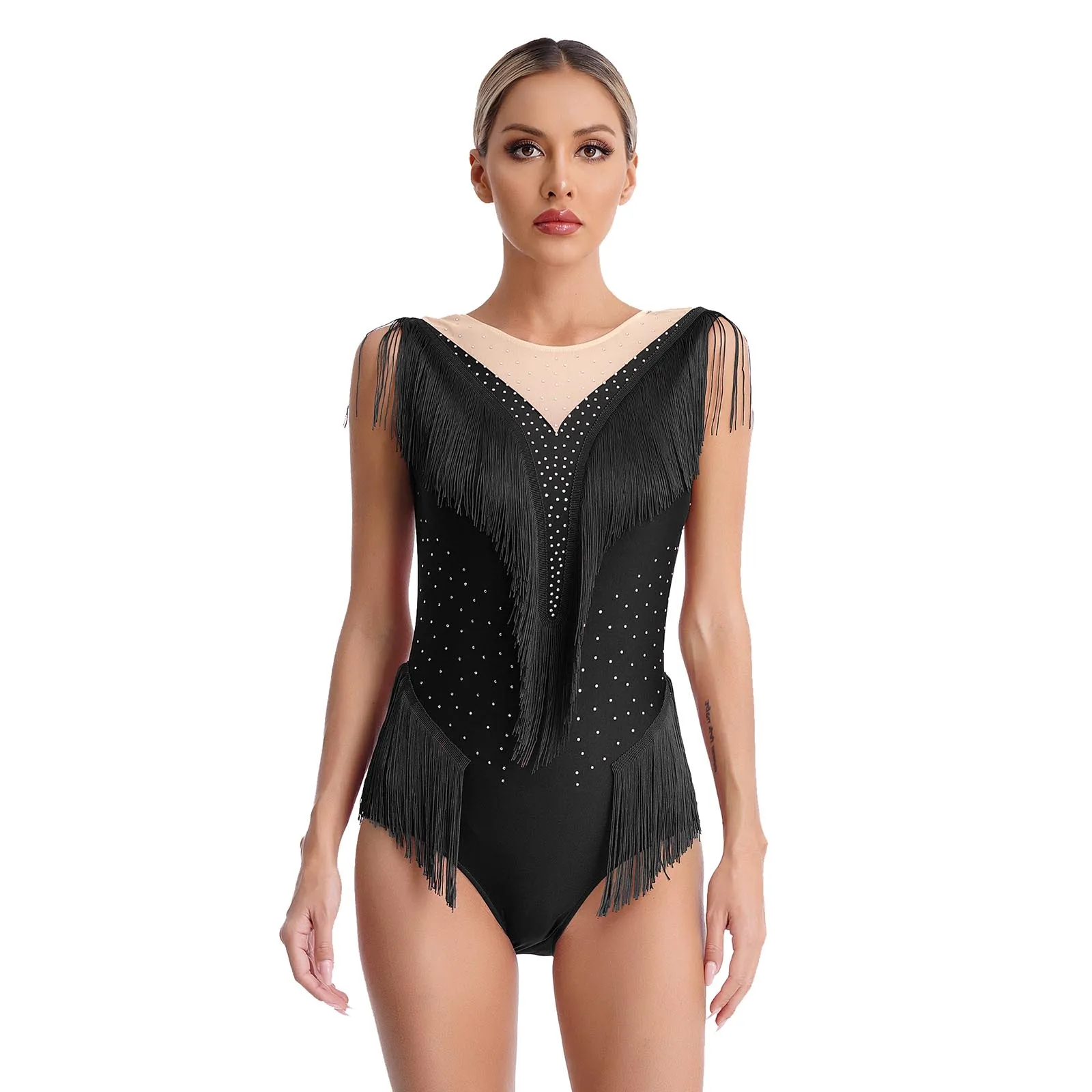 Womens Ballet Gymnatics Leotard Rhinestone Fringed Bodysuit Dancewear for Latin Tango Rumba Stage Performance Dance Costume