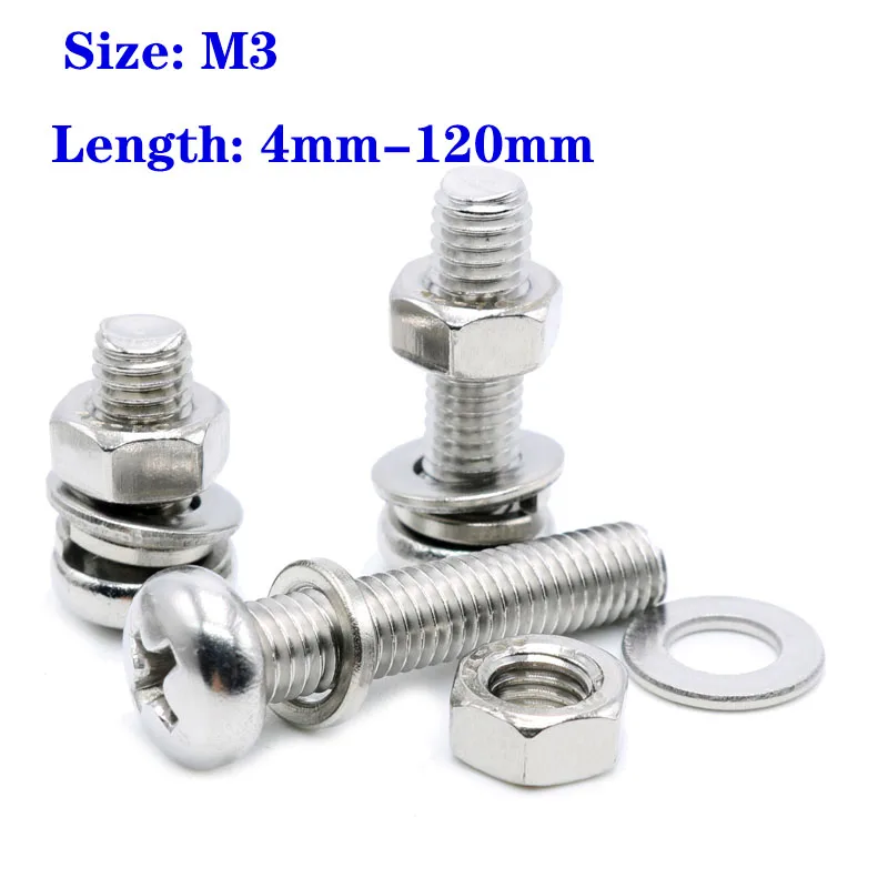 

5/10/20/30/40/50pcs Set Round Phillips Pan Head Screw Spring Pad Gasket Combination 304 Stainless Steel M3x4-M3x120
