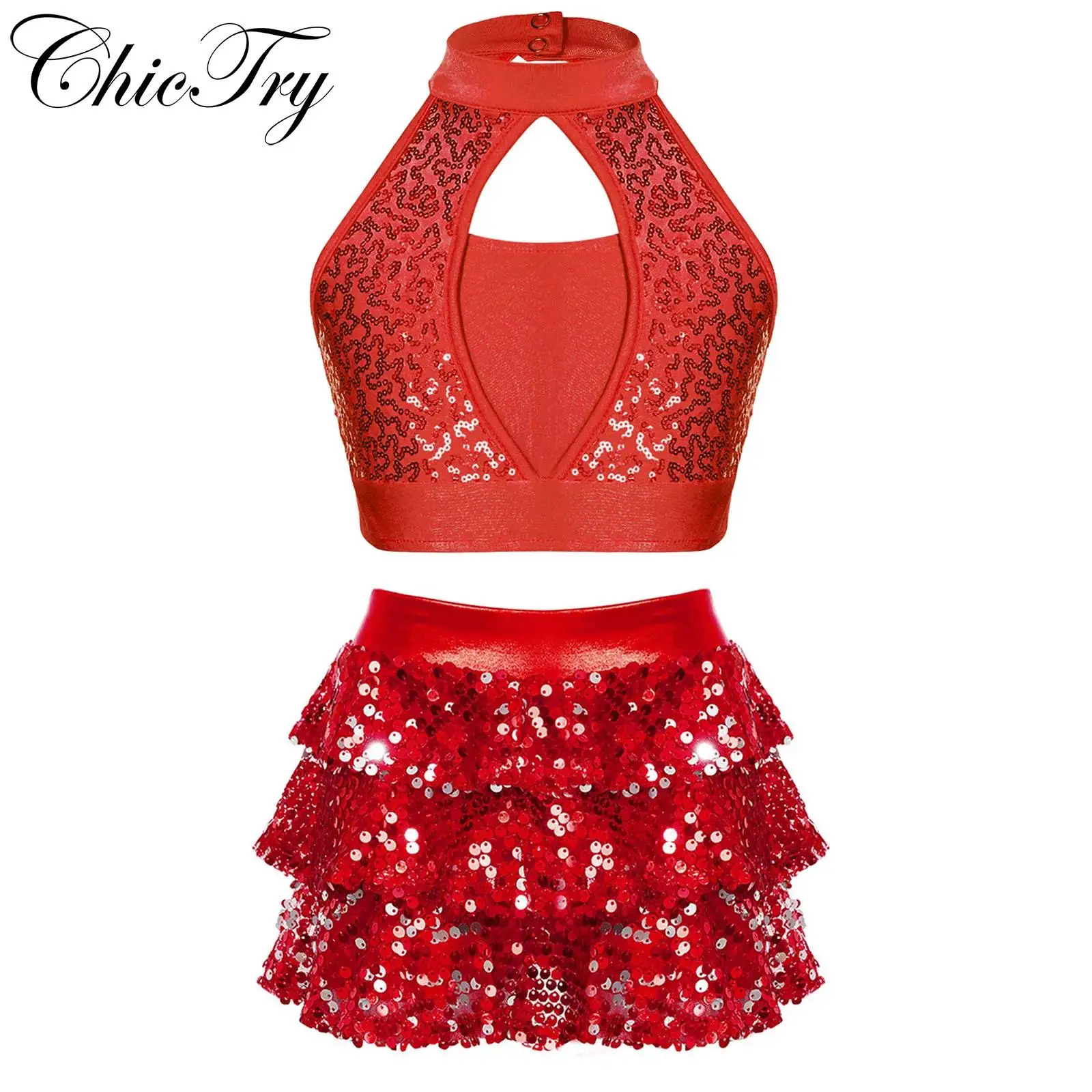 

Kids Girls Glitter Sequins Lyrical Dance Sets Halter Crop Tops with Ruffle Skirt Modern Latin Jazz Dancing Performance Costume