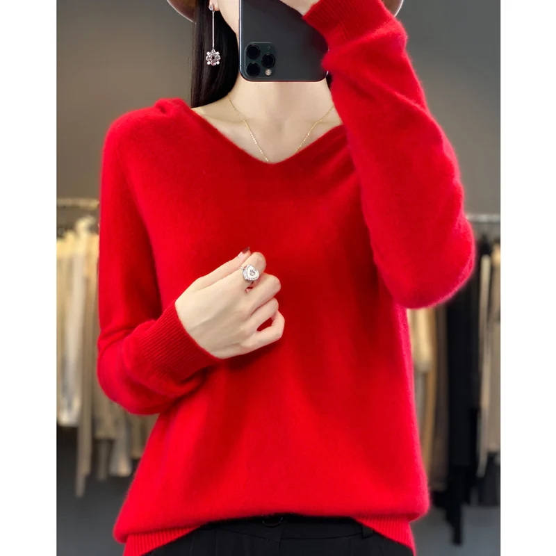 100% mérinos pure laine V - neck Hoodie automne hiver pull Corée de la mode nouveau pull en cachemire doux femmes Casual tricot chaud TOP – Image 4