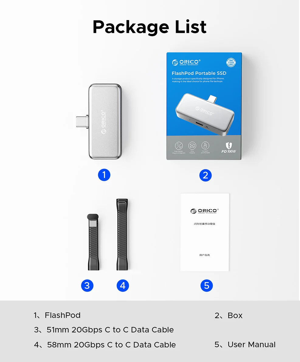 ORICO 미니 휴대용 SSD 256GB 128G 외장 하드 드라이브 PD 100W Type C 180MB/s 플래시 드라이브 백업 저장소 (아이폰, PC, 태블릿 S5용)