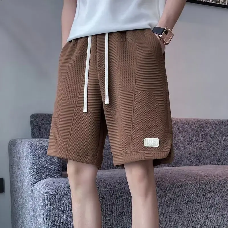 Summer New Solid Color Fashion Elastic Waist Knee Length Pants Man High Street Casual Loose Pockets Thin Drawstring Trousers