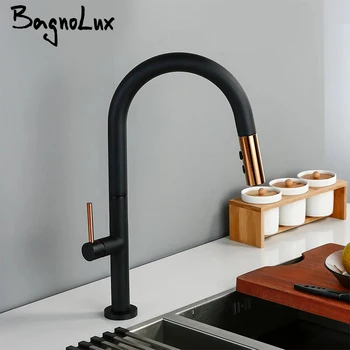 Bagnolux Miscelatore con rotazione a gradi con foro singolo montato su piano in ottone nero Rubinetto estraibile per acqua calda e fredda Rubinetto per lavello da cucina 1
