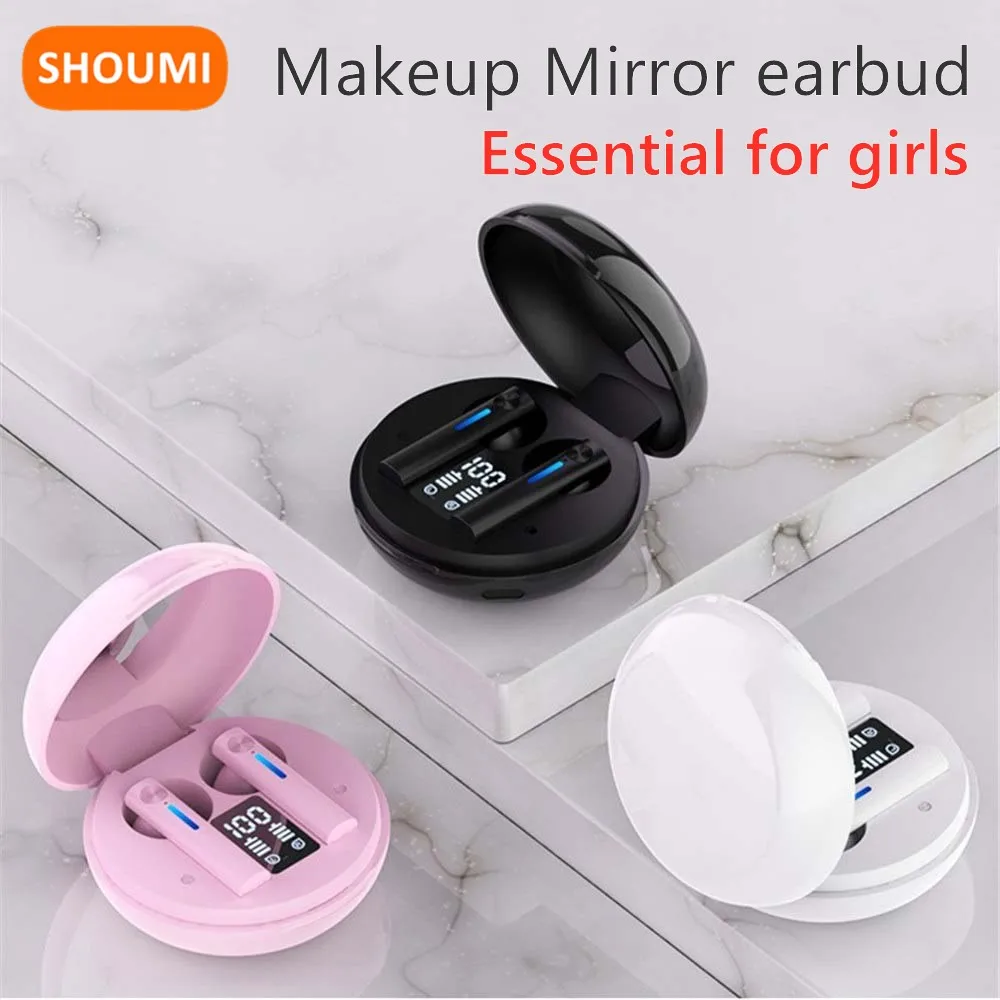 Shoumi Girls Wireless Earbuds Bluetooth Earphones Makeup Mirror