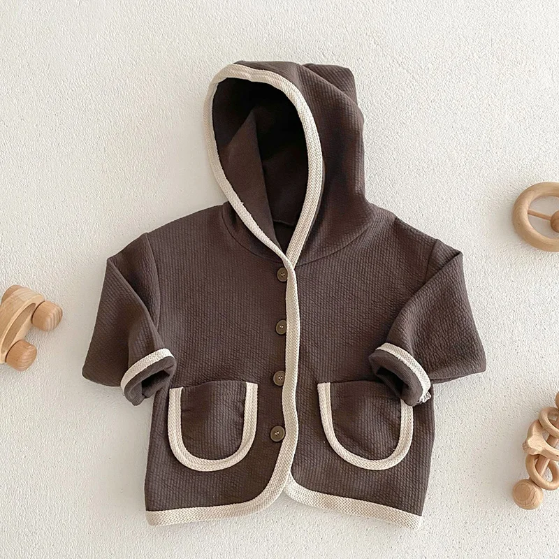 New Spring Korean Style Infant Baby Boys Girls Cardigan Long Sleeved Solid Color Hood Waffle Cotton Newborn Baby Coat