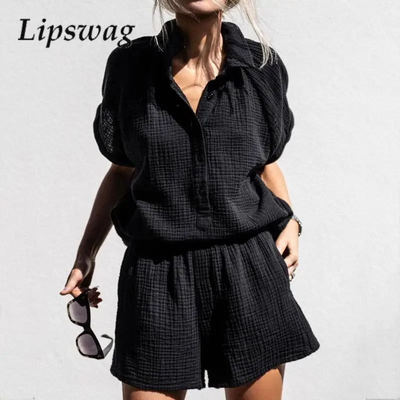 

Женский комплект из 2 предметов, повседневный однотонный джемпер с коротким рукавом и свободные шорты с карманами и эластичным поясом, лето 2024