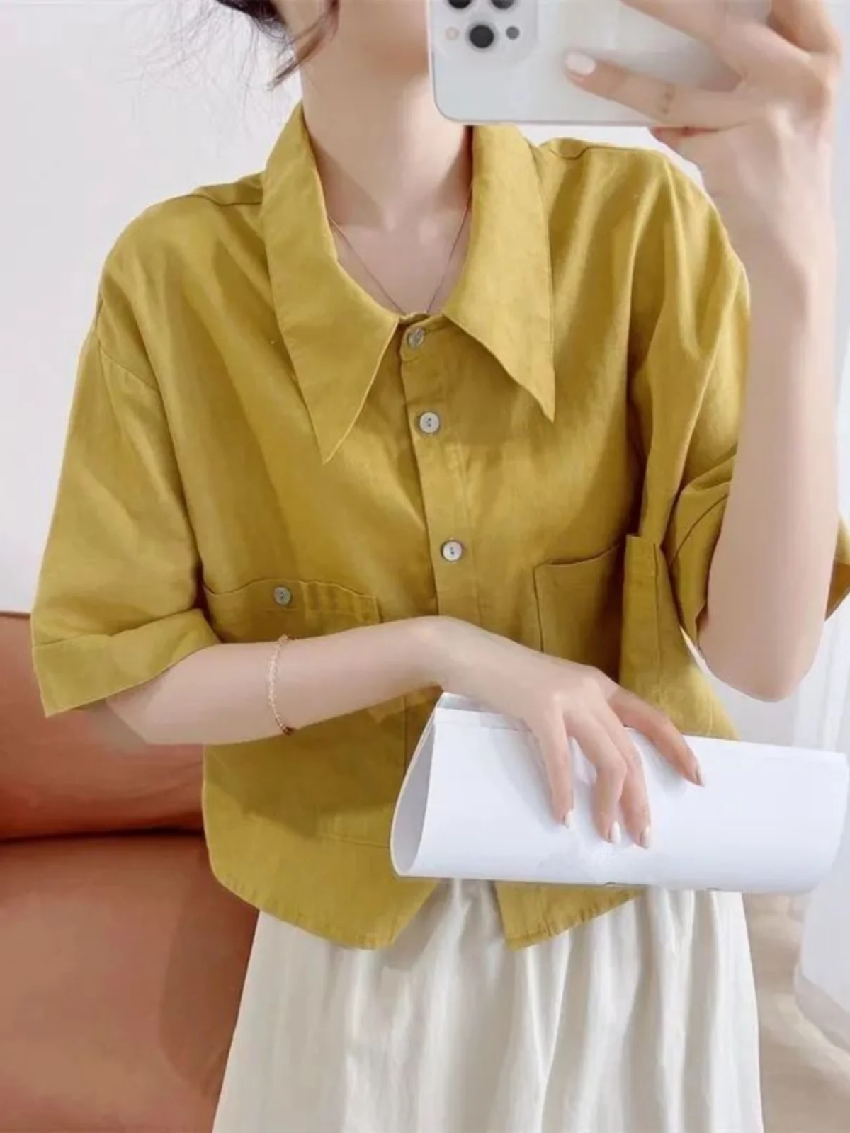 예술적인 반팔 셔츠 여성용 새로운 스타일 독특한 작은 셔츠 일본식 느슨한 짧은 웨딩 드레스 장갑 세련된 에이지리스