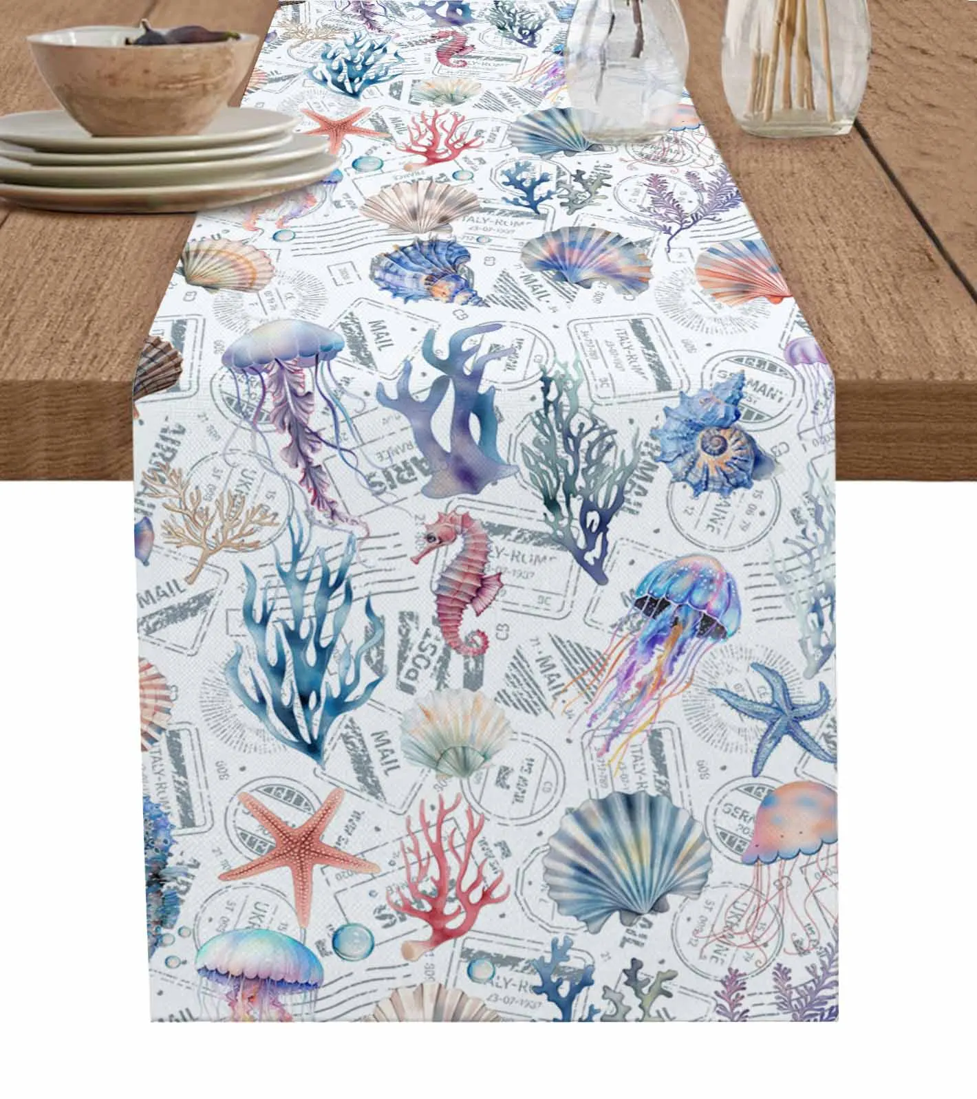 

Marine Jellyfish Starfish Seahorses Shells Table Runner Luxury Wedding Decor Table Runner Home Dining Holiday Decor Tablecloth