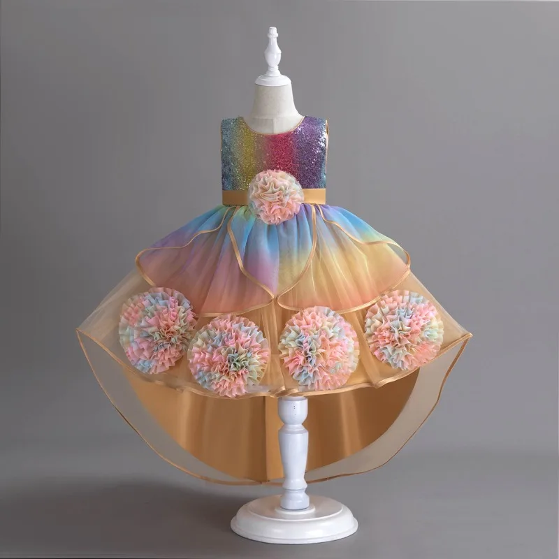 

New 2024 Princess Dress Mesh Rainbow Flower Fluffy Wedding Dress Sleeveless Trailing Piano Performance Dress