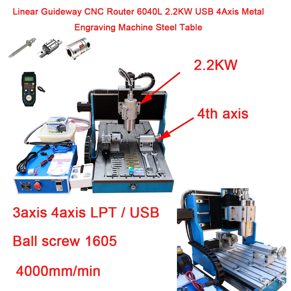 

Linear Guideway CNC Router 6040L 3axis 4axis USB Metal Aluminum Wood Engraving Carving Machine 600*400mm Steel Table 2.2KW