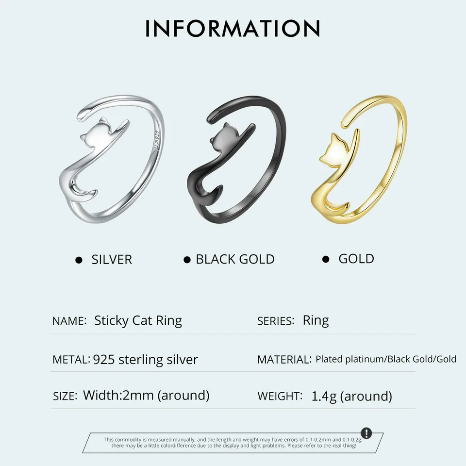 Sterling Silver Cute Cat Open Ring  3 Colors Adjustable Plated Platinum - PeticaDeals