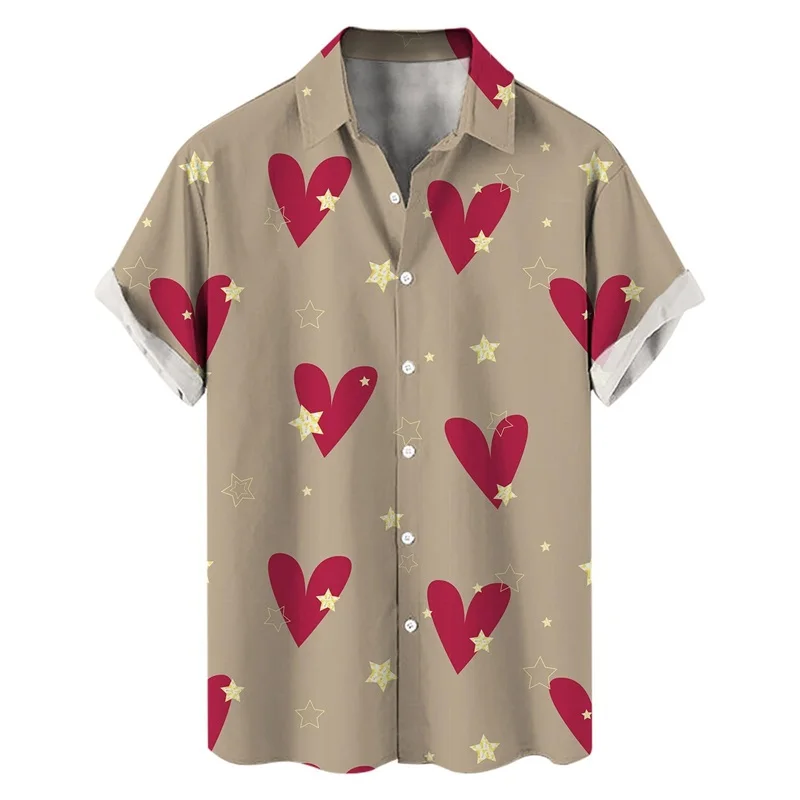 thumbnail image 1 of Camisetas de manga corta para hombre, con estampado 3D de amor, gráfico, camisas de botones para el día de San Valentín, blusa informal de verano para playa para hombre, 1 of 5