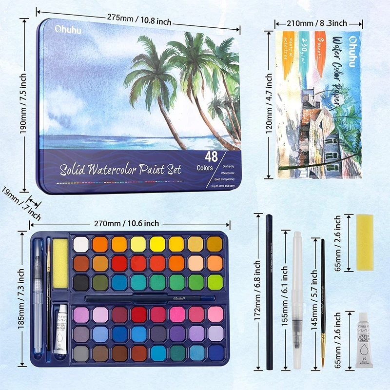 Ohuhu Solid Watercolor Paint Set Brush Pen Portable Professional Painting Pigment Drawing Colors Palette School Art Supplies