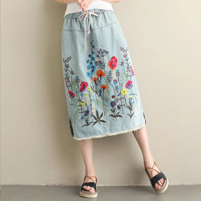 Vintage long denim skirts for women fashion 2023 Japanese style ethnic elastic waist floral embroidery denim skirt mori girls tankinis floral hollow out ethnic tankini set in orange size m s