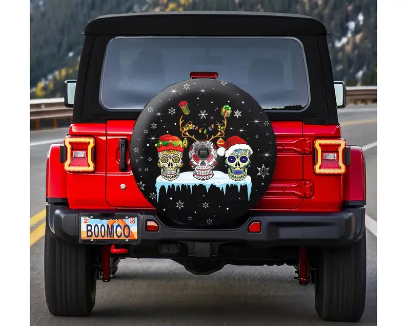 

Skull Hippie With Style Reindeer Santa Hat Spare Tire Cover, Christmas Spare Tire Cover, Funny Skull Gift,cover For