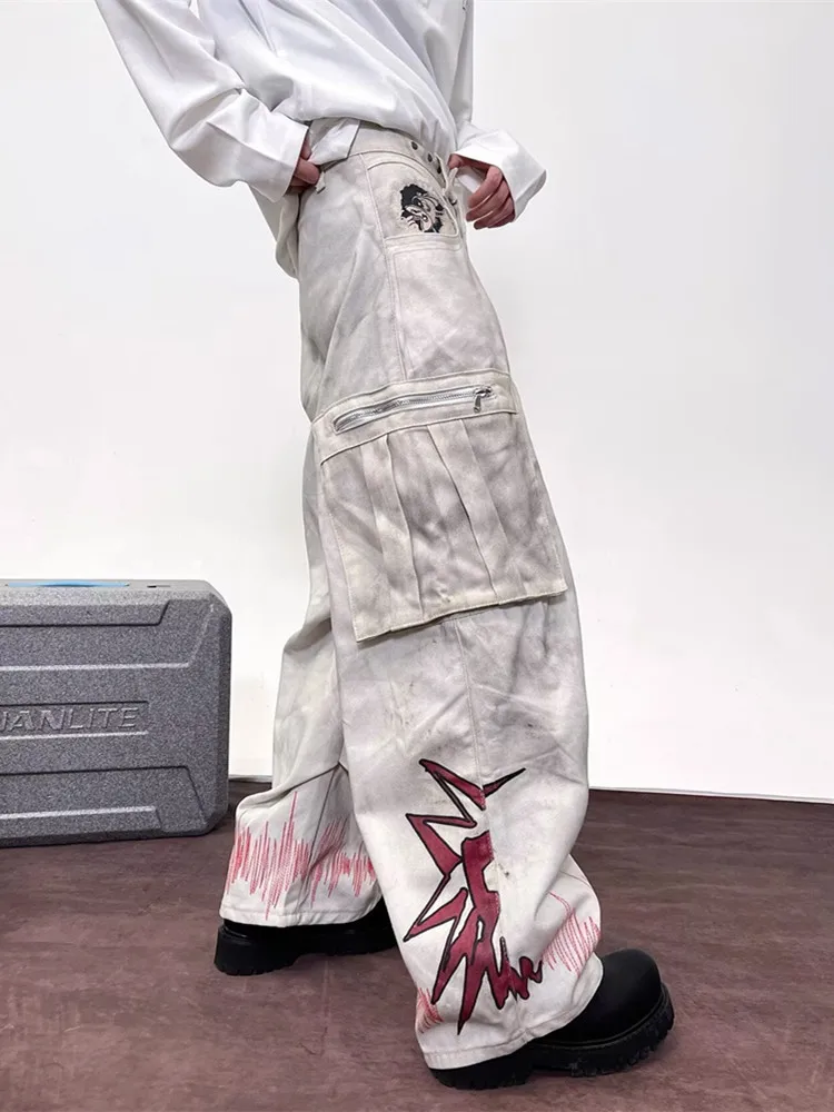 2025 Cyber Y2K Streetwear Dirty Washed White Baggy Cargo Jeans Pants For Men Clothing Wide Leg Straight Vintage Long Trousers 4