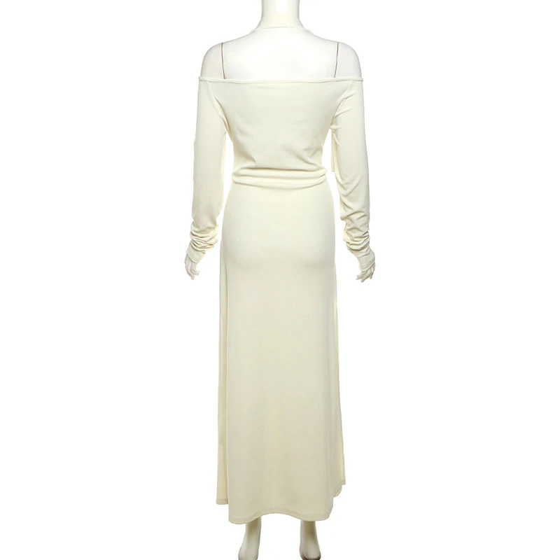 y2k Wasteland Dress Women Grunge Solid Color Long Sleeve High Split Halter Bodycon Dresses 2000s Party Dresses Clubwear