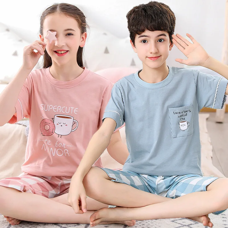 Teens Pajamas Short Sleeve 100% Cotton Pyjamas Big Kids Clothes Sets Children Boys Sleepwear Pajamas For Girls 10 12 14 16 Years