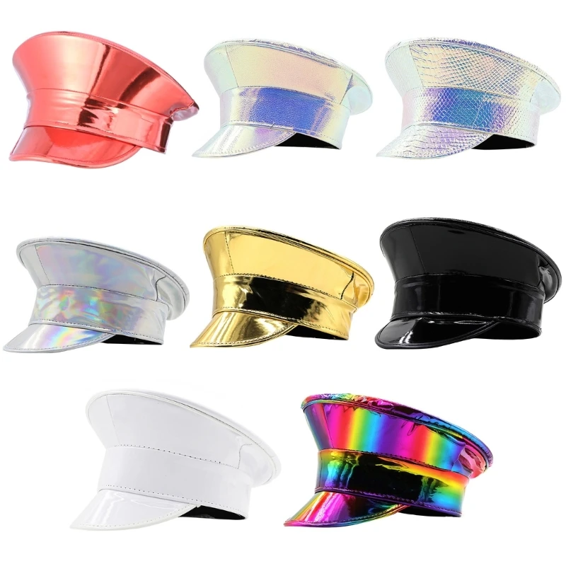 Women Military Hat Patent Leather Military Hat for Women Novelty Glitter Party Hat Sergeant Captain Cap for Stage Club Bachelorette Party