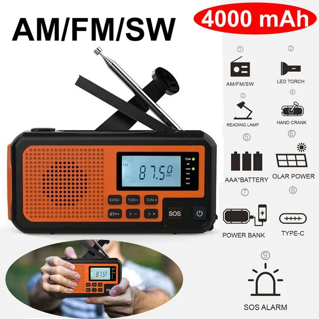 LOTOTG Portable Emergency Solar Power Radio Hand Crank Charging AM/FM Weather Radio Led Reading Flashlight Bank Phone Charger 9