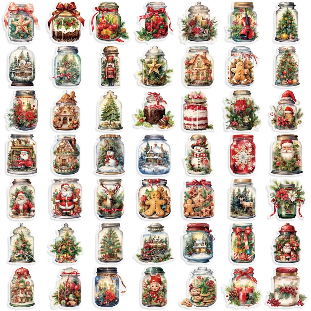 50 Pcs Cartoon Christmas Bottle Sticker Pack Waterproof Transparent PET Party Material Decoration Guitar Notebook 3