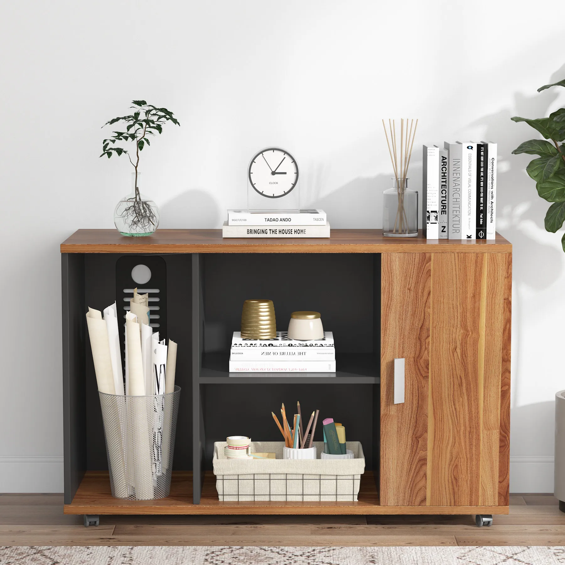 

Шкаф для документов Tribesigns 39 дюймов, большой стенд для принтера, офисный шкаф с колесами, двери и открытые полки для хранения