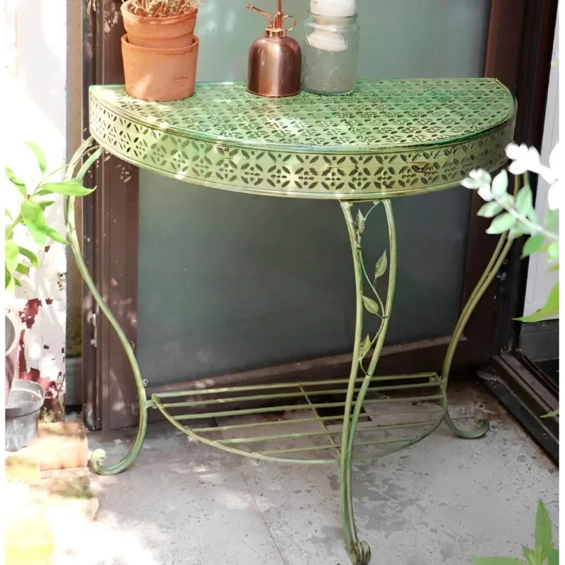 Outdoor Courtyard Flower Rack against Wall, Standing Plant Shelves, Iron Do Old Floral Table Foyer Semi-circular Storage Shelf