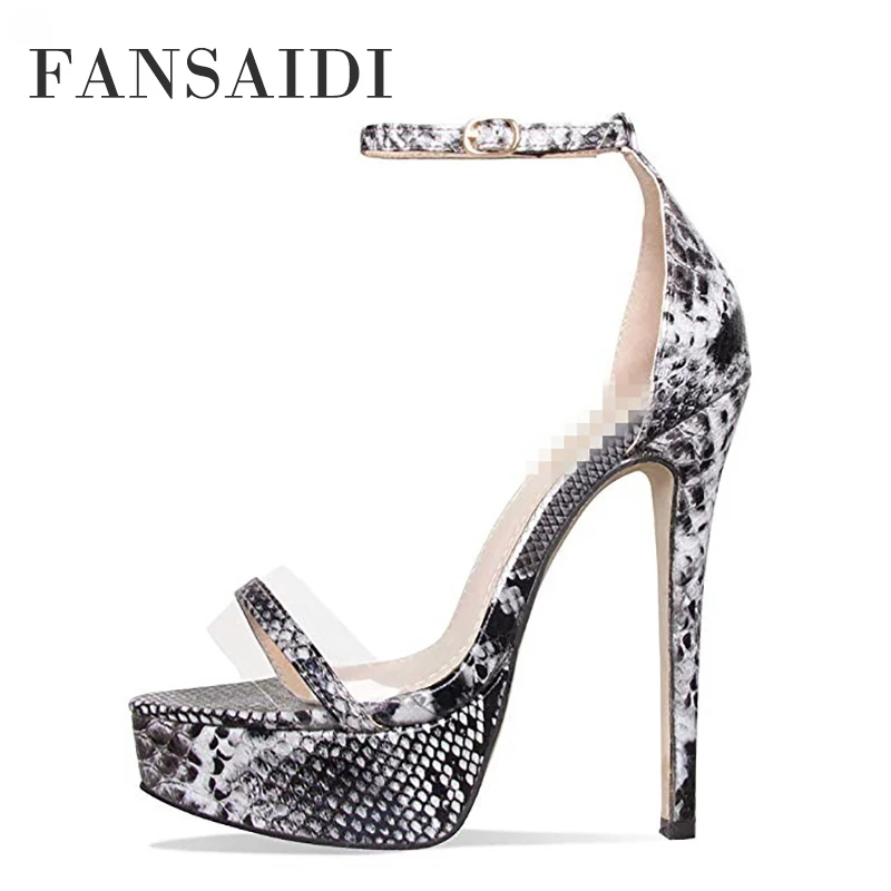 

FANSAIDI White Waterproof Clear Heels Snakeskin Sandals Summer Fashion Party Shoes New Narrow Band Platform Sexy 42 43 44 45