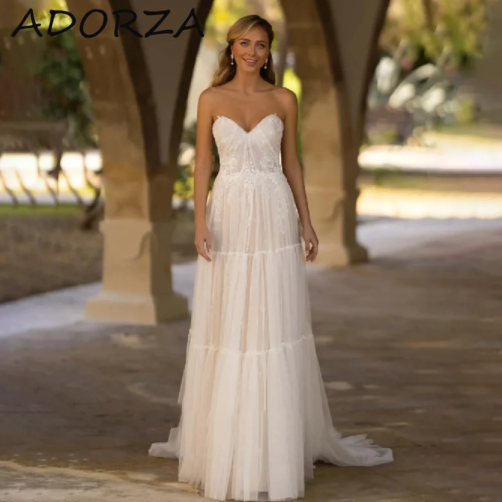 

Adorza A-line Wedding Dresses For Woman Classic Vintage Strap Less Lace Applique Flower Tiered Tulle فستان حفلات الزفاف 2024