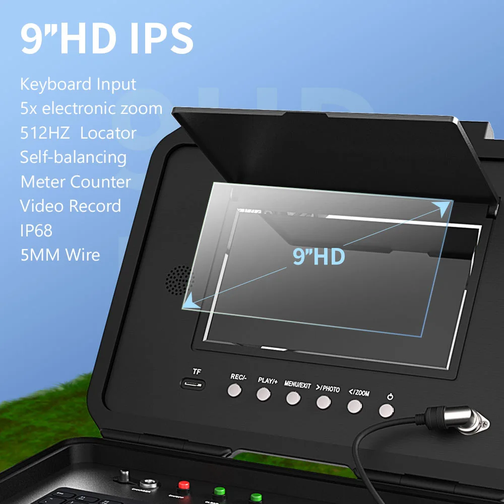 파이프 검사 내시경 카메라, DVR 비디오 녹화, 5X 이미지 확대, 계량기 카운터, 512HZ, 9 인치 IPS 셀프 레벨링, 5mm, 7mm, 23mm