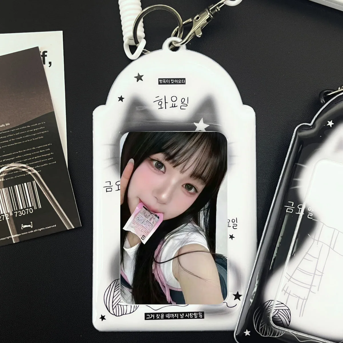 Cute Black And White Kitty Card Holder Kpop Cute Cat's Ears Pumaterial Apply To 3-3.5in Stars Album Merchandise Photocard Show