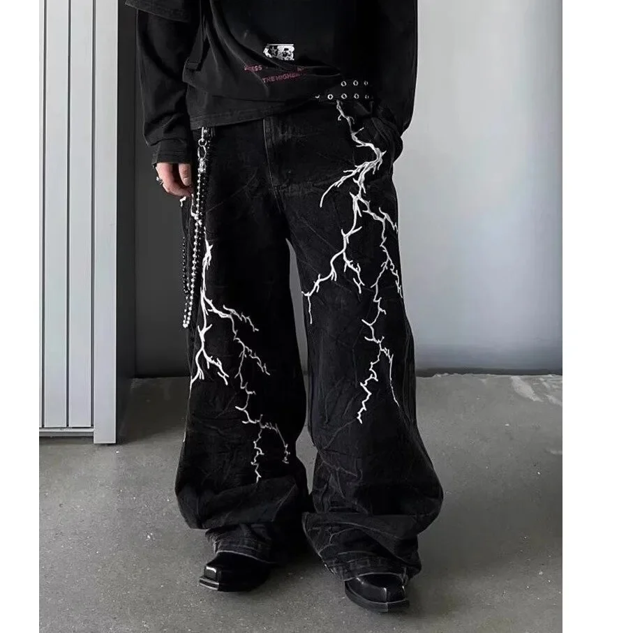Jean à boulon éclair brodé de Style américain Vintage pour hommes et femmes, coupe ample, jambe droite, Hip Hop, Streetwear