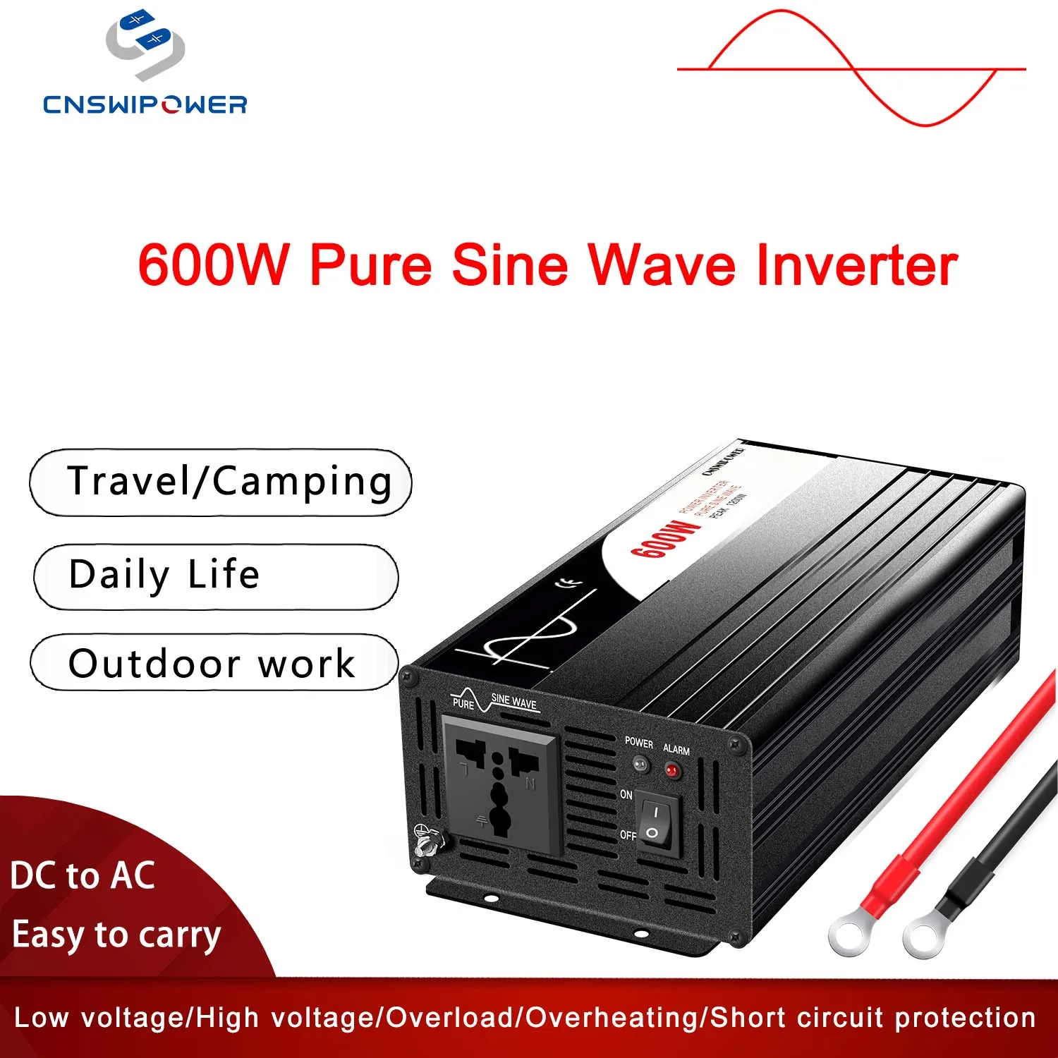 อินเวอร์เตอร์ CNSWIPOWER 600W แปลงไฟ DC 12v 24V 48V เป็น AC 110V 220V คลื่นไซน์บริสุทธิ์ สำหรับพลังงานแสงอาทิตย์ 1