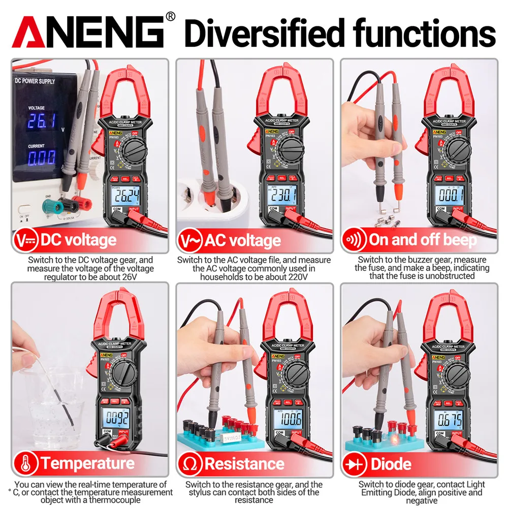 ANENG PN103 AC/DC Current Clamp Meter digital multimeter 600A Voltage Tester 6000 Counts Hz Capacitance NCV Ohm Diode Testers