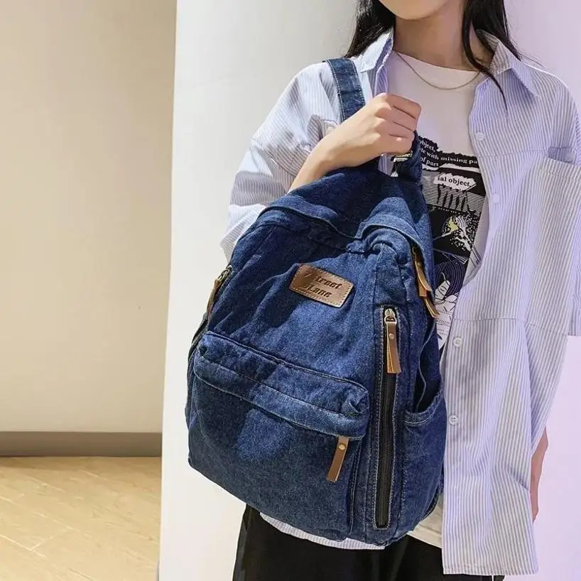 1 Pcs Fashionable New Style Simple And Trendy Backpack Large Capacity Durable Denim Bag Student Bag
