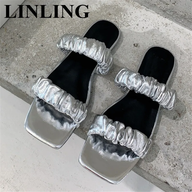 

Summer Flats Slippers Women Pleated Riband Ladies Beach Slides Outdoor Flip Flops Brand Design Slip on Mules Casual Shoes Woman