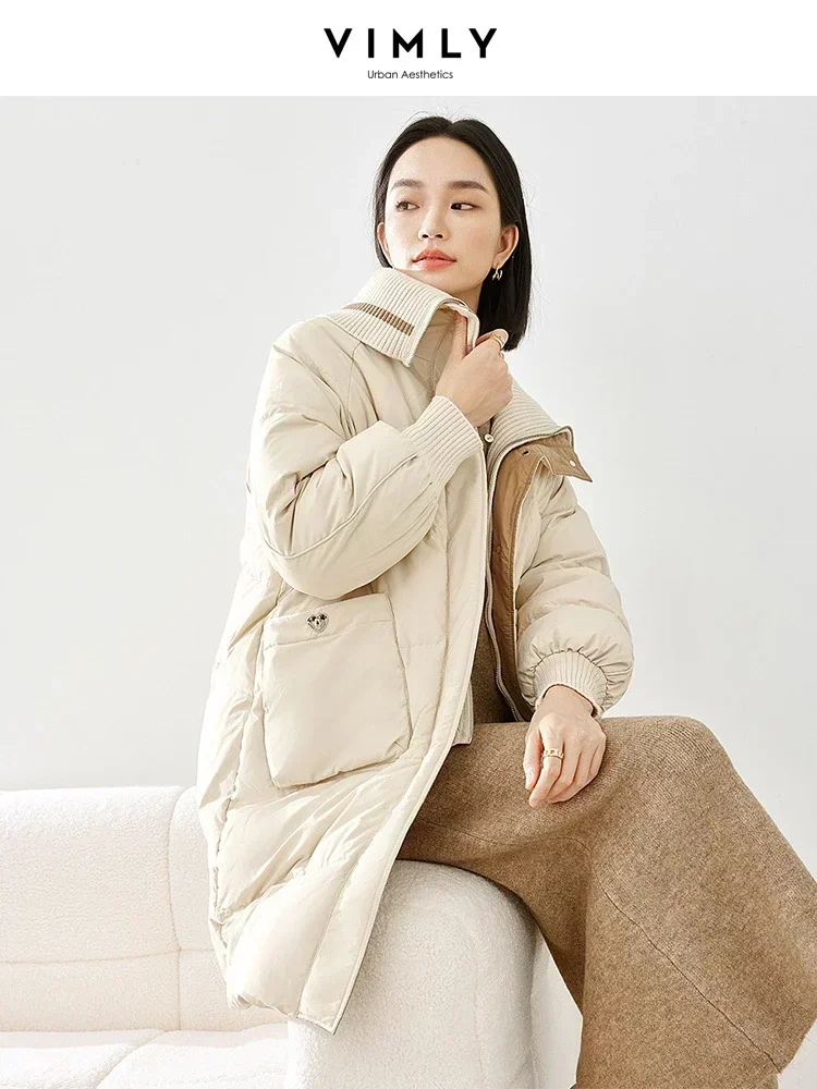 Vimly Contrast Fake 2 Piece Duck Down Coat 2023 Winter Lapel Single Breasted Long Sleeve Thick Warm Jacket Women Outerwear 50626
