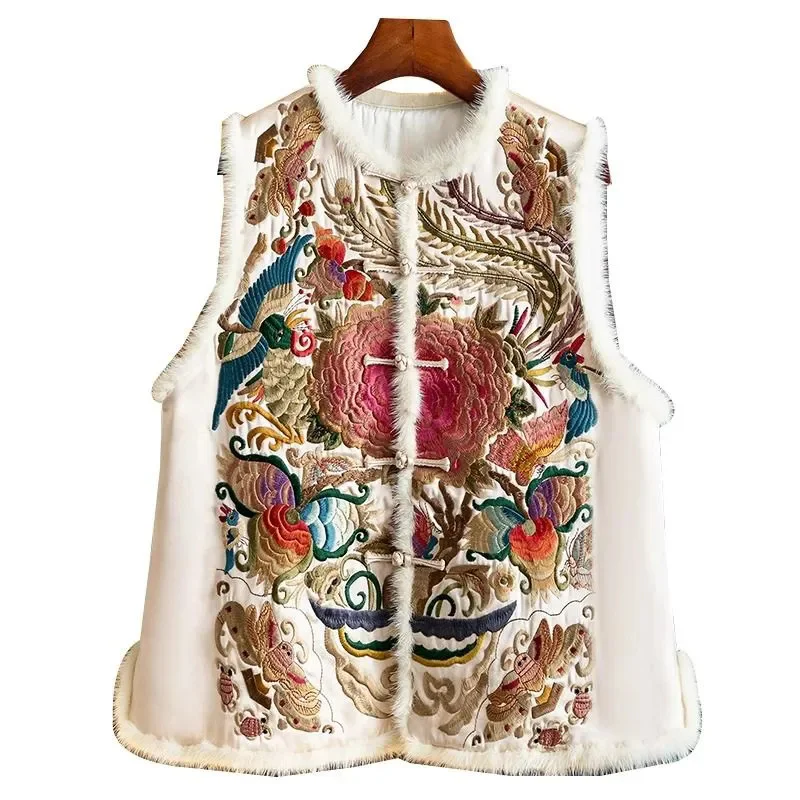 2024 Winter Light Luxury Retro Satin Acetate Cotton Vest Women New Product Chinese Heavy Industry Embroidery Loose Mink Fur Vest